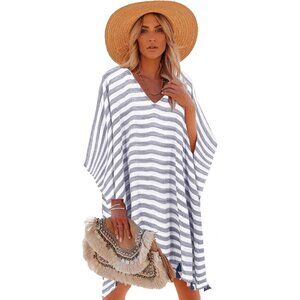 Women Navy & White 100% Viscose Kaftan for Bathing Swimsuit Floral Pattern Dress